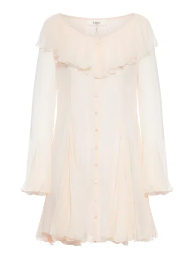 Chloé Flared Mini Dress With Ruffles In Neutral