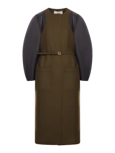 Fendi Green Wool Midi Coat With Leather Sleeves In Multi