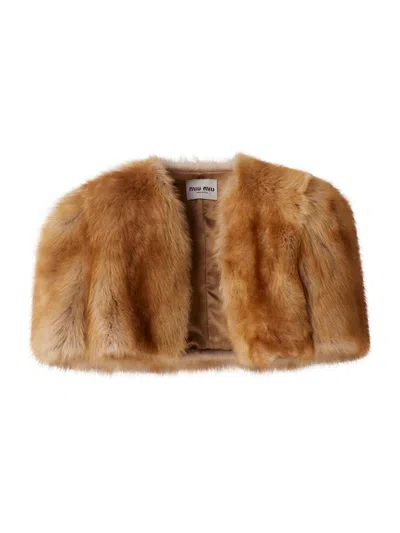 Miu Miu Shearling Fur Bolero Jacket In Brown