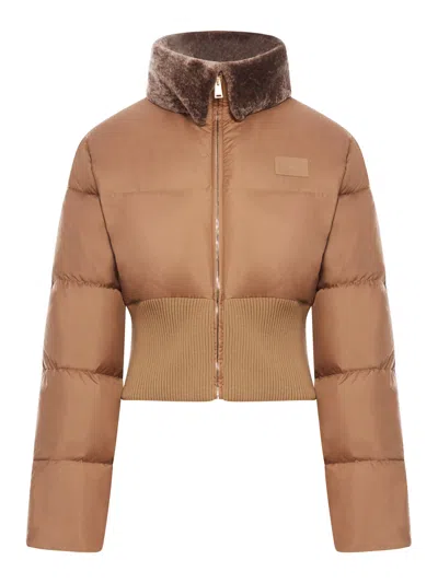 Fendi Short Padded Down Jacket With Shearling Collar Clothing In Animal Print