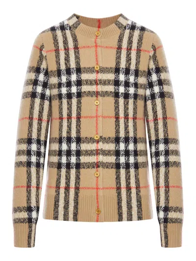 Burberry Wool And Cashmere Check Cardigan In Nude