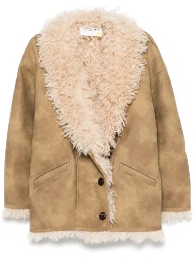 Isabel Marant Étoile Isabel Marant Etoile Women Beige Shearling Coat With High Collar And Button Closure In Leather And F In Brown