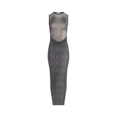 Pre-owned Jean Paul Gaultier Mesh Long Dress Double Layer Printed Body Shadow And Prince Of Wales 'light Grey/ In Gray