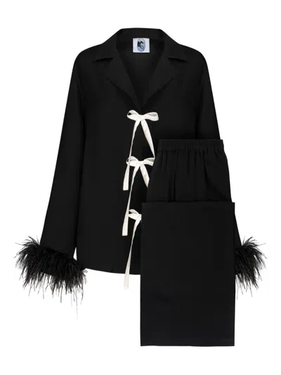 Sleeper The Bow Pajama Set With Detachable Feathers In Black In Black