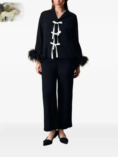 Sleeper The Bow Pajama Set With Detachable Feathers In Black In Black