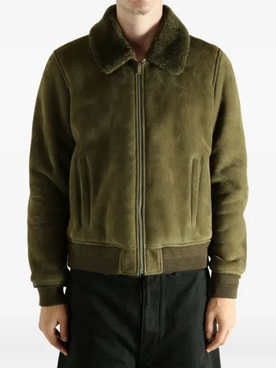 Saint Laurent Blouson Decoupes Shearling In Green