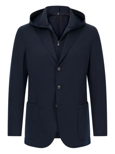 Boggi Milano Ens Navy Blue Removable-hood Single-breasted Stretch Wool-blend Jacket In Brown