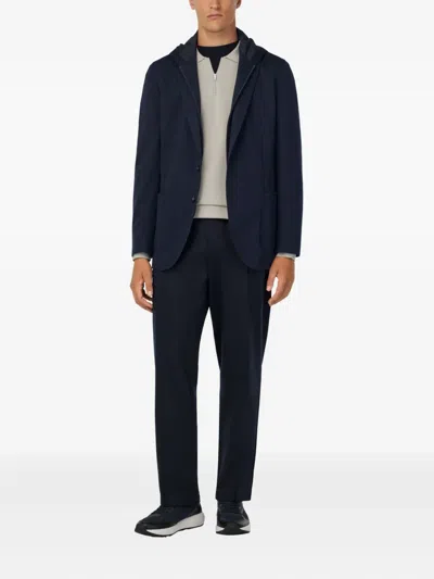 Boggi Milano Ens Navy Blue Removable-hood Single-breasted Stretch Wool-blend Jacket In Brown