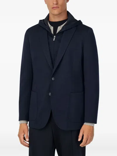 Boggi Milano Ens Navy Blue Removable-hood Single-breasted Stretch Wool-blend Jacket In Brown