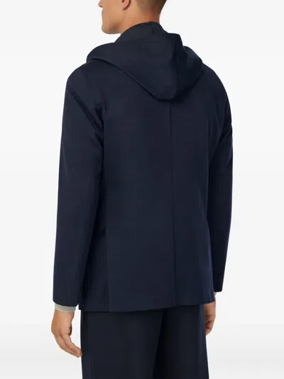 Boggi Milano Ens Navy Blue Removable-hood Single-breasted Stretch Wool-blend Jacket In Brown