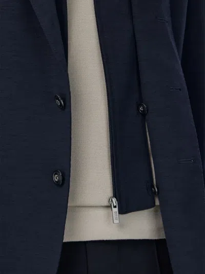 Boggi Milano Ens Navy Blue Removable-hood Single-breasted Stretch Wool-blend Jacket In Brown