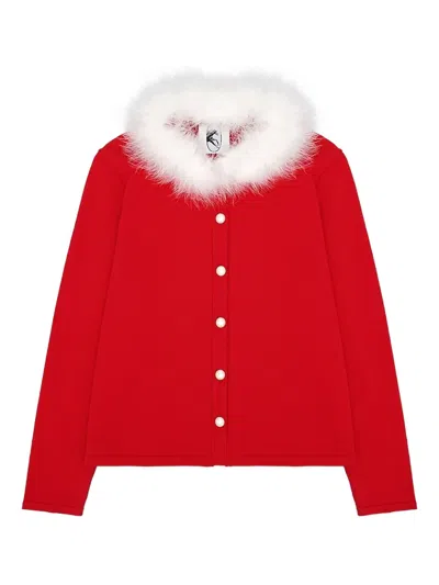 Sleeper Miss Kitty Cardigan With Detachable Feathers In Red In Red