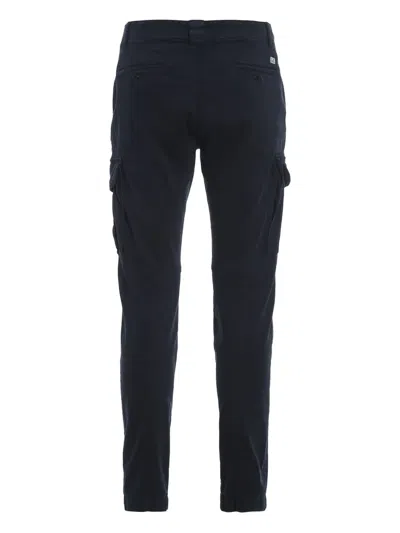 C.p. Company Streamlined Black Cargo Pants With Functional Pockets And Logo Detail In Blue