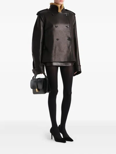 Khaite Dean Leather Double-breasted Jacket With Lamb Shearling Collar In Black