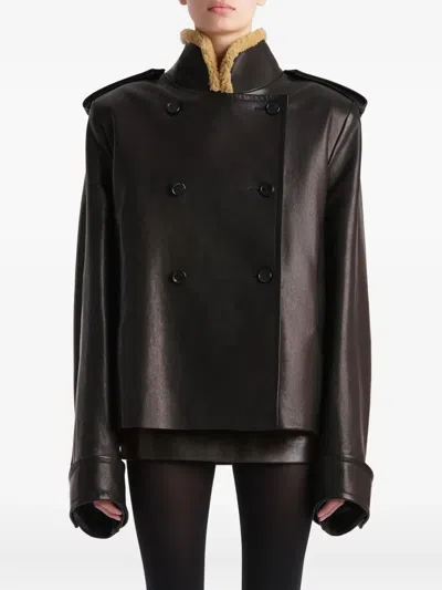 Khaite Dean Leather Double-breasted Jacket With Lamb Shearling Collar In Black