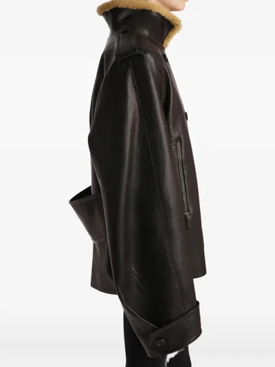 Khaite Dean Leather Double-breasted Jacket With Lamb Shearling Collar In Black