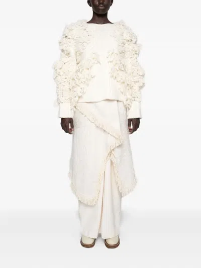 Muller Of Yoshiokubo Slow Fringed Asymmetric Midi Skirt In White