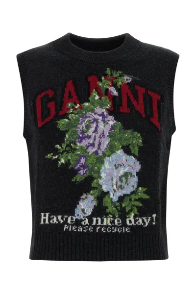 Ganni Flowers Grey Vest In Black