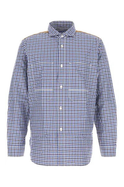 Junya Watanabe Cotton Shirt With Dual Pattern And Elbow Patches In Blue