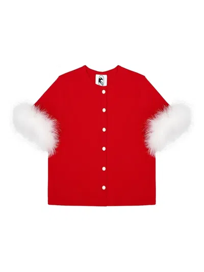 Sleeper Miss Kitty Short Sleeve Cardigan With Detachable Feathers In Red In Red