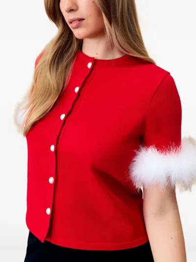 Sleeper Miss Kitty Short Sleeve Cardigan With Detachable Feathers In Red In Red