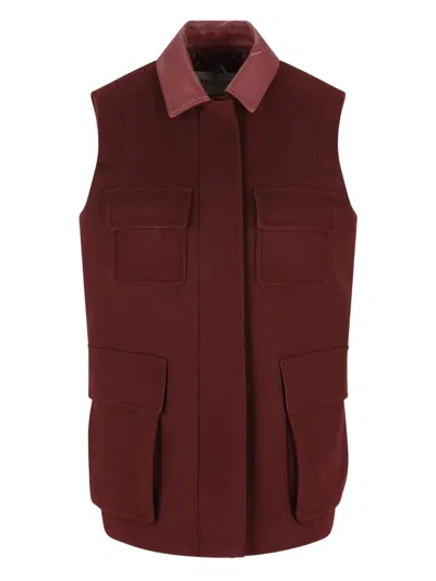 Max Mara Sleeveless Jacket With Leather Collar And Pockets In Burgundy