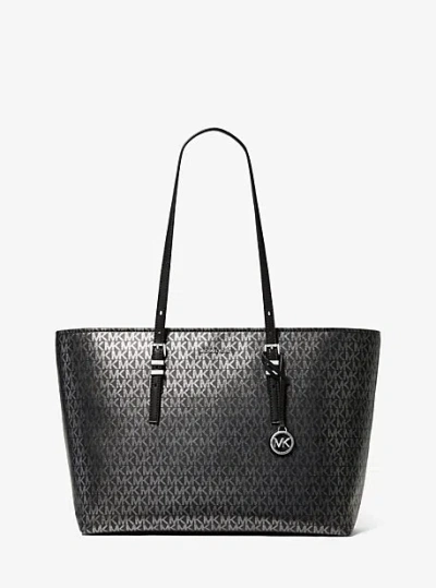Michael Kors Quinn Large Metallic Signature Logo Tote Bag In Black