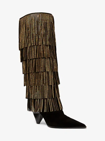 Michael Kors Jayla Embellished Suede Fringed Boot In Black