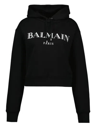 Balmain Vintage Print Hooded Sweatshirt With Long Sleeves In Black