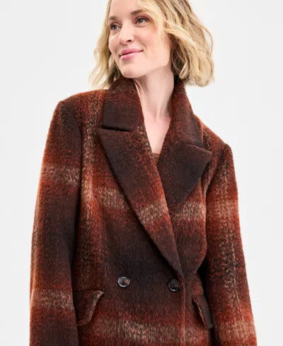 Bcbg Women's Double-breasted Plaid Coat In Brown
