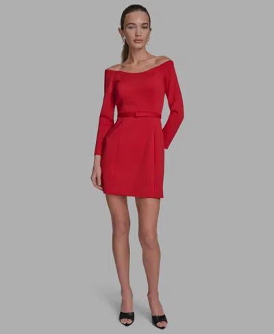 Bcbg Scuba Off-the-shoulder Belted Fnf In Red