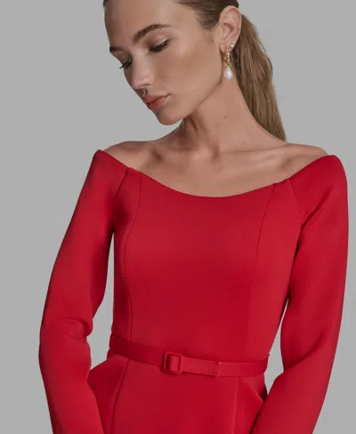 Bcbg Scuba Off-the-shoulder Belted Fnf In Red