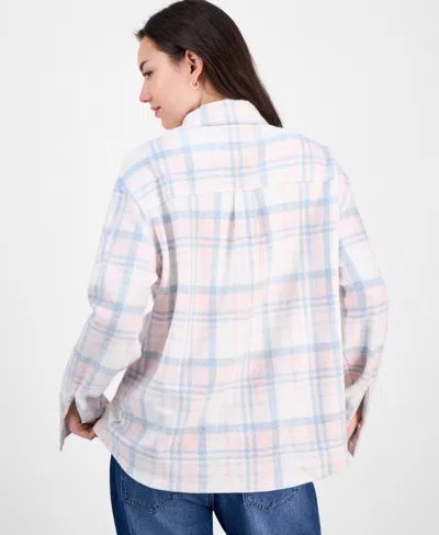 Just Polly Juniors' Plaid Button-front Shacket In Pink