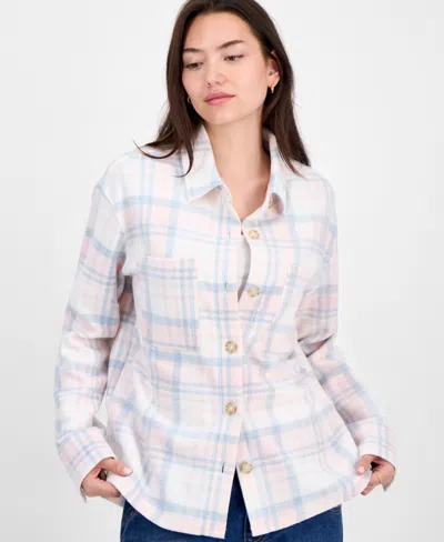 Just Polly Juniors' Plaid Button-front Shacket In Pink