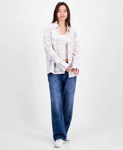 Just Polly Juniors' Plaid Button-front Shacket In Pink