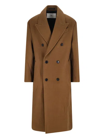 Ami Alexandre Mattiussi Double-breasted Coat Featuring Back Vent And Notched Lapels In Brown