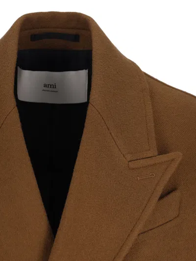 Ami Alexandre Mattiussi Double-breasted Coat Featuring Back Vent And Notched Lapels In Brown