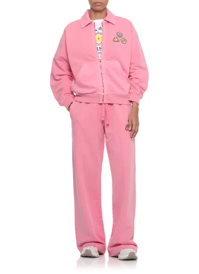 Casablanca Soft Cotton Sweatshirt With Contrasting Patches And Zip Closure In Pink