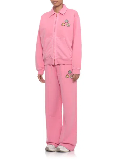 Casablanca Soft Cotton Sweatshirt With Contrasting Patches And Zip Closure In Pink