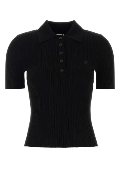 Courrèges Ribbed Short-sleeved Polo Shirt With Buttoned Placket In Black