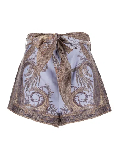 Zimmermann Multicolor Shorts With Belt And All-over Paisley Print In Silk And Cotton Woman In Brown