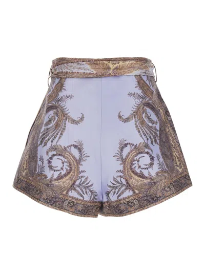 Zimmermann Multicolor Shorts With Belt And All-over Paisley Print In Silk And Cotton Woman In Brown