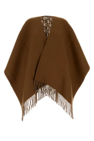 Fendi Women Biscuit Wool Blend Reversible Cape In Brown