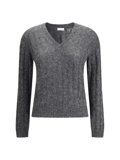 Brunello Cucinelli Dazzling Cables Sweater In Mohair, Cotton And Wool In Gray