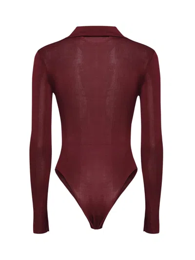 Self-portrait Burgundy Bodysuit With Collar And Front Buttons Self Portrait In Burgundy
