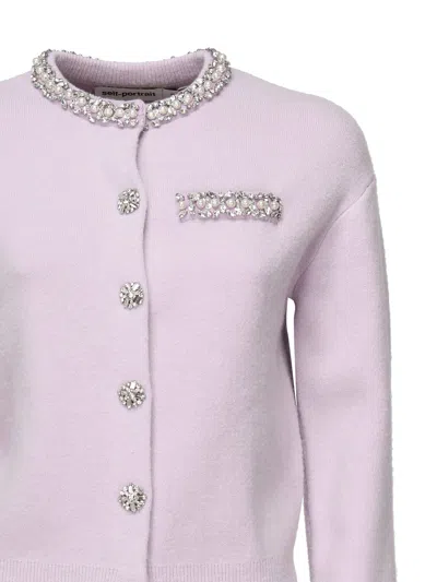 Self-portrait Knitted Cardigan With Crystals In Purple