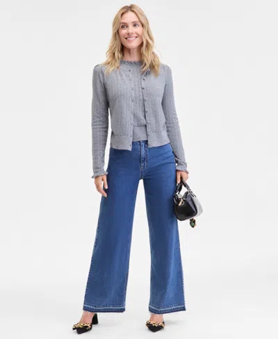 On 34th Women's Puff-shoulder Pointelle-knit Cardigan, Macy's Exclusive In Gray