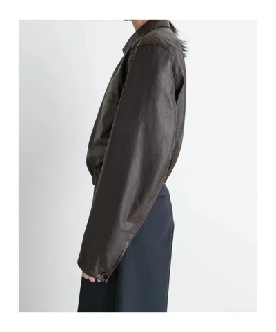 Lemaire Buttoned-up Elasticated Leather Jacket In Burgundy