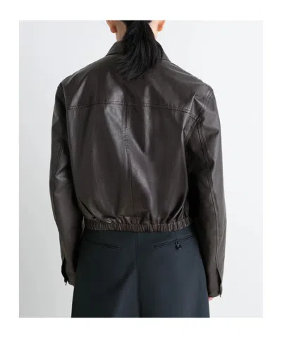 Lemaire Buttoned-up Elasticated Leather Jacket In Burgundy