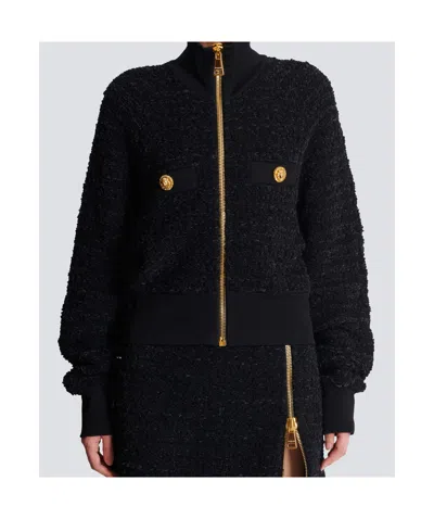 Balmain Textured Fabric Short Jacket With High Collar In Black